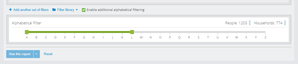 Horizontal UI slider with alphabet letters as individual ticks. Two end points of the range are set at A to L, a primary button labelled "Run this report", and a secondary "Reset" button. Also present are two counters - People (1203) and Households (774)