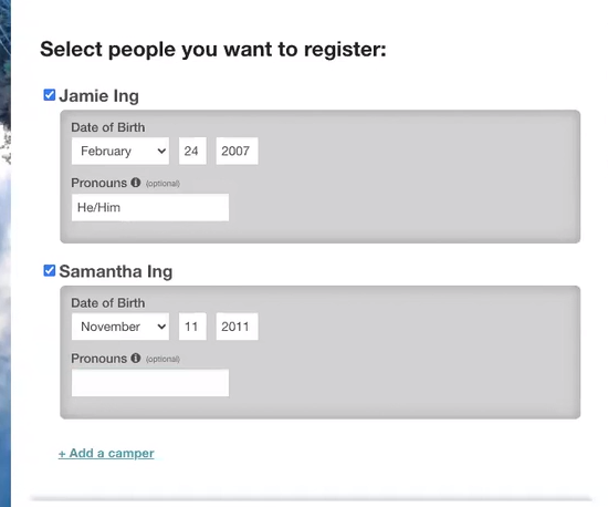 UI asking the user to enter personal information for people who they want to register. For each person there are fields for date of birth, and pronouns.