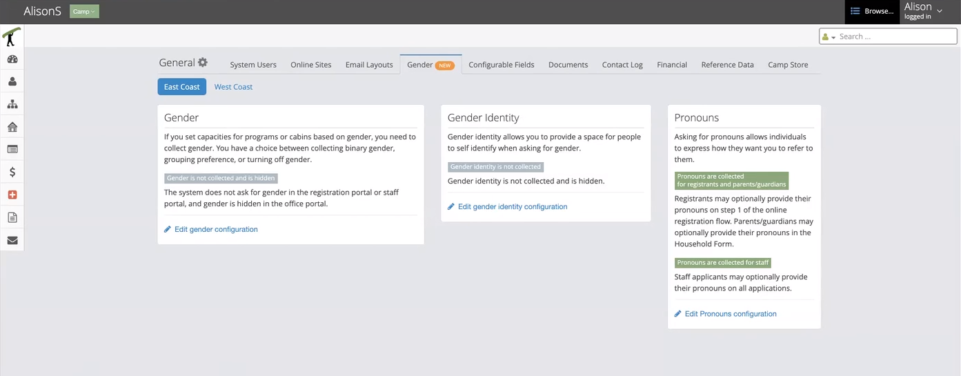 UI showing the newly added Gender configuration area

There are three cards: Gender, Gender Identity, and Pronouns. Each card has an Edit button to change configuration.