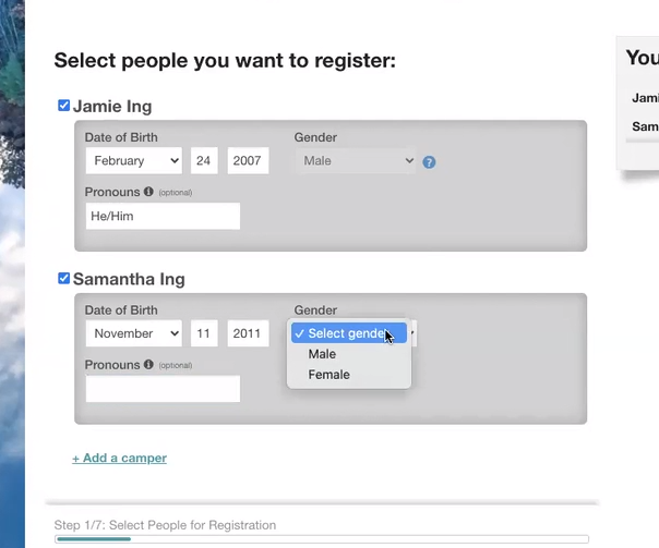 UI asking the user to enter personal information for people who they want to register. For each person there are fields for date of birth, gender dropdown with male/female options, and pronouns.