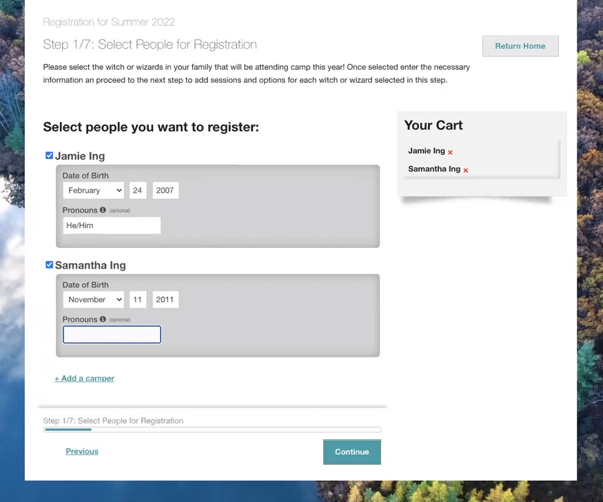UI asking the user to enter personal information for people who they want to register. For each person there are fields for date of birth, and pronouns.