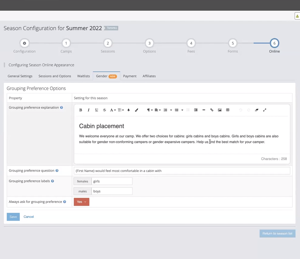 Configuration UI, allowing the user to configure copy for all Grouping preference elements in the previous prompt. These are "explanation", "question", "labels", and "Always ask".