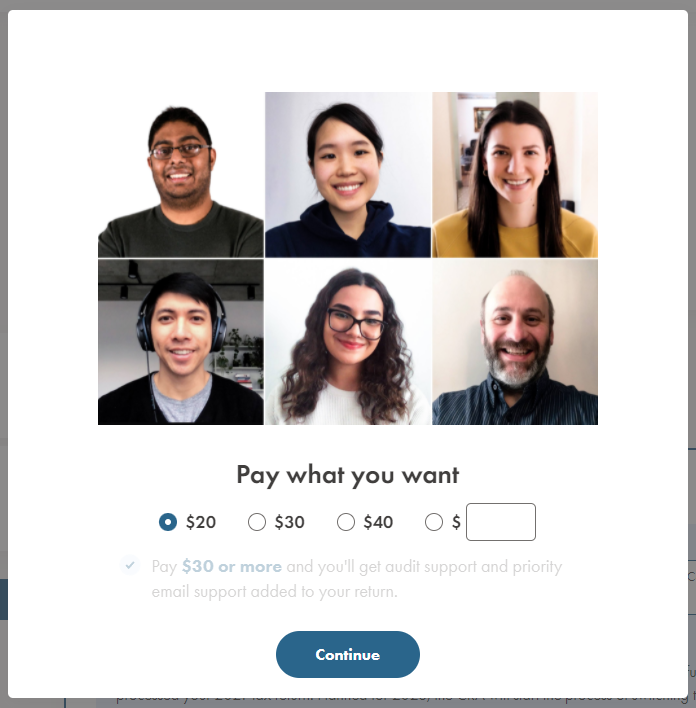 Website dialog eclipsing the content showing six portraits of kind, smiling people, a header stating "Pay what you want" and four options: $20, $30, $40, and a dollar sign with an empty box. At the bottom is a Continue button.