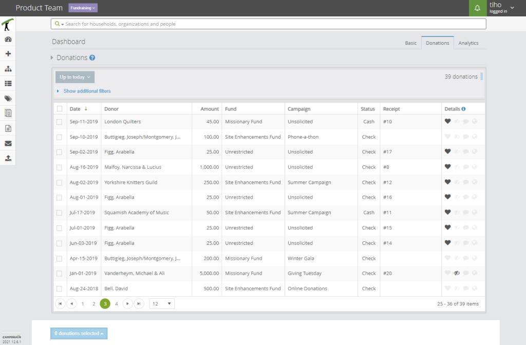 UI showing a grid with donations. At the top there's a dropdown button labelled "Up to today" for date filters, and another collapsed accordion control to "Show additional filters"