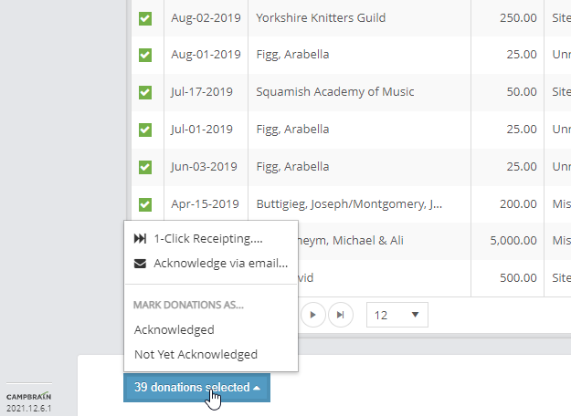 A drop-up button showing a few menu items: 1-Click Receipting, Acknowledge via email, Mark donations as acknowledged, and Mark donations as not yet acknowledged