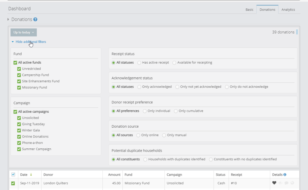 The "Hide additional filters" accordion from the previous image is expanded now, revealing the ability to further filter the list of donations in the grid by fund, campaign, receipt and acknowledgement status, donor receipt preference, donation source, and potential duplicate households.