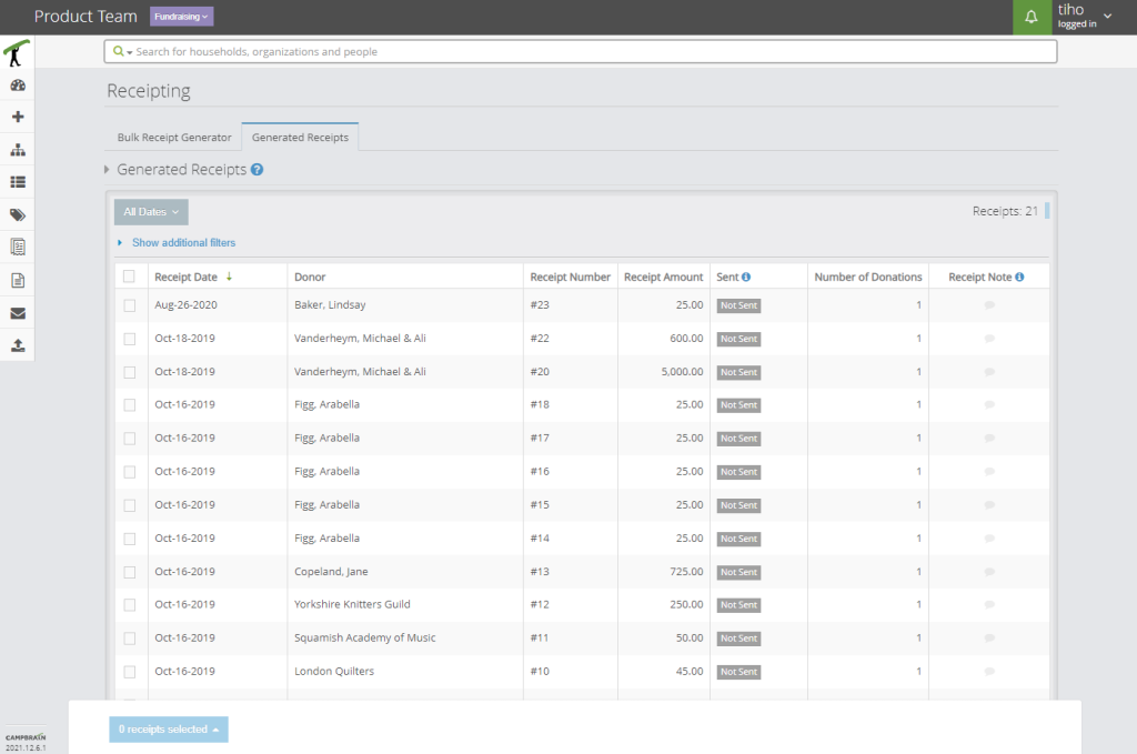 Screen UI for with a header that reads Receipting. The content is split into two tabs: "Bulk receipt generator", and the other one, currently active, "Generated receipts"
The main area hosts a grid showing a list of receipts. The columns are: Receipt Date, Donor, Receipt Number, Receipt Amount, Sent, Number of Donations, and Receipt Note. Each row has a checkbox, none of which are ticked. In the sticky footer there's a disabled drop-up button labelled "0 receipts selected"