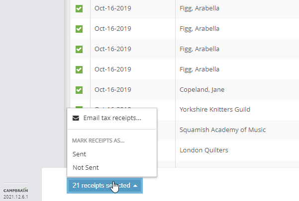 More detailed shot of the previous image, zoomed into the dropup button that's now enabled and reads "21 receipts selected". The menu items available are: Email tax receipts, mark receipts as sent, and mark receipts as not sent.