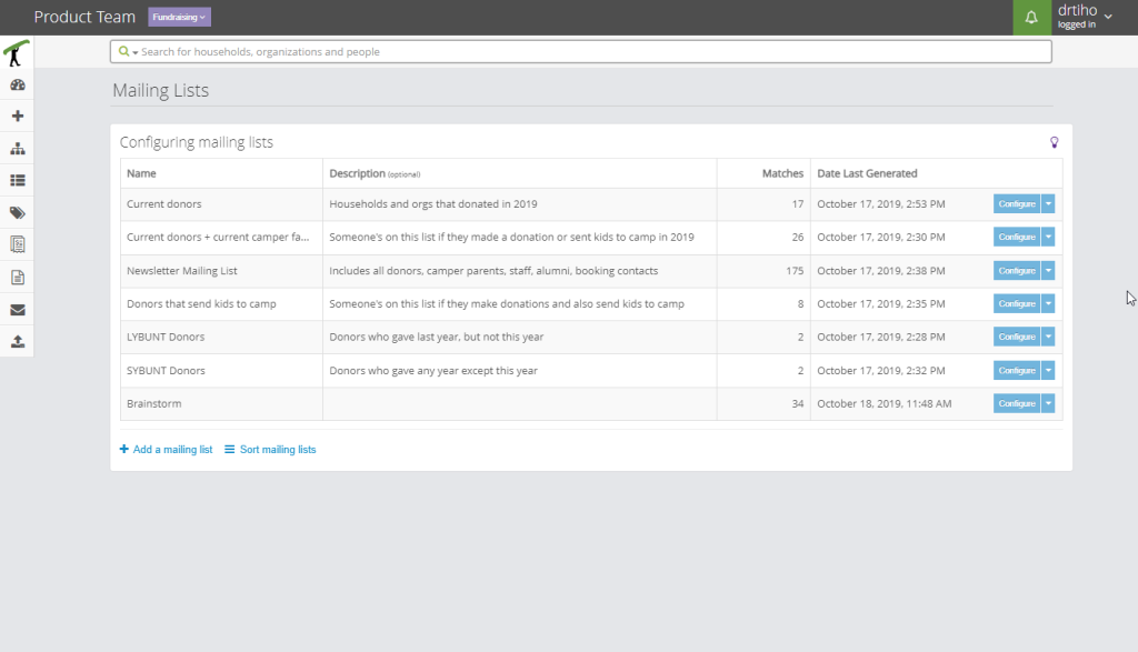 UI showing a list of configured mailing list. Each list has a Name, Description, Number of matches, and the date when it was last generated, as well as a button to configure each list. The grid allows for adding a new list and sorting existing ones. 