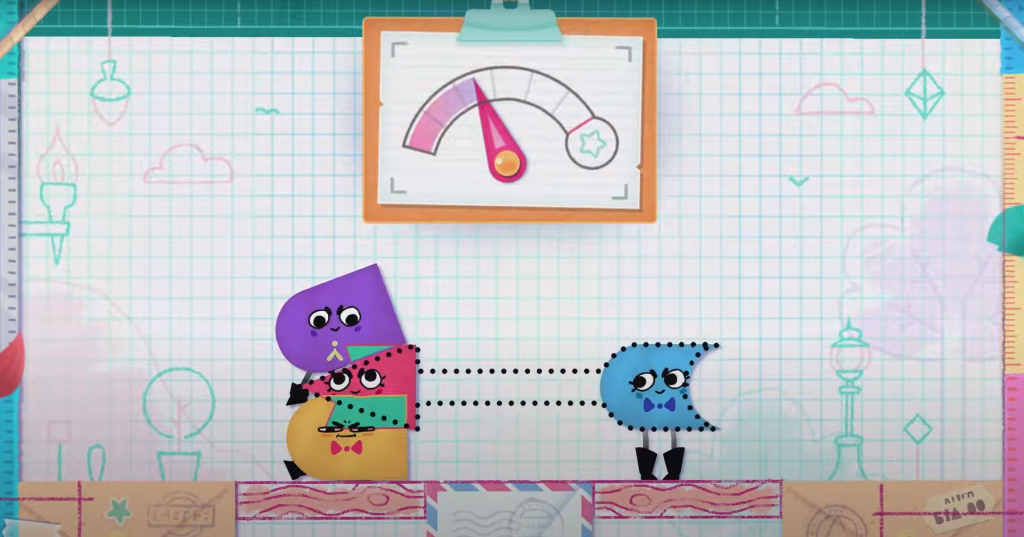 YouTube screenshot of the "Snipperclips" game. The stage is set with a dotted shape representing an arrow. There are 4 differently U-shaped, differently coloured characters with cute eyes and small legs. Three of these are piled on top of each other in an attempt to shape on of them into a same-shaped and sized triangle like the tip of the dotted arrow. The fourth one is static, already shaped like the back of the arrow, looking at the other three. Above this scene there's a meter indicating how close the players have come to completing the task, currently at 30%.