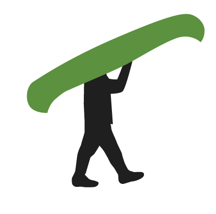 CampBrain logo AKA Canoehead, portraying a black outline of a person portaging a green canoe. 