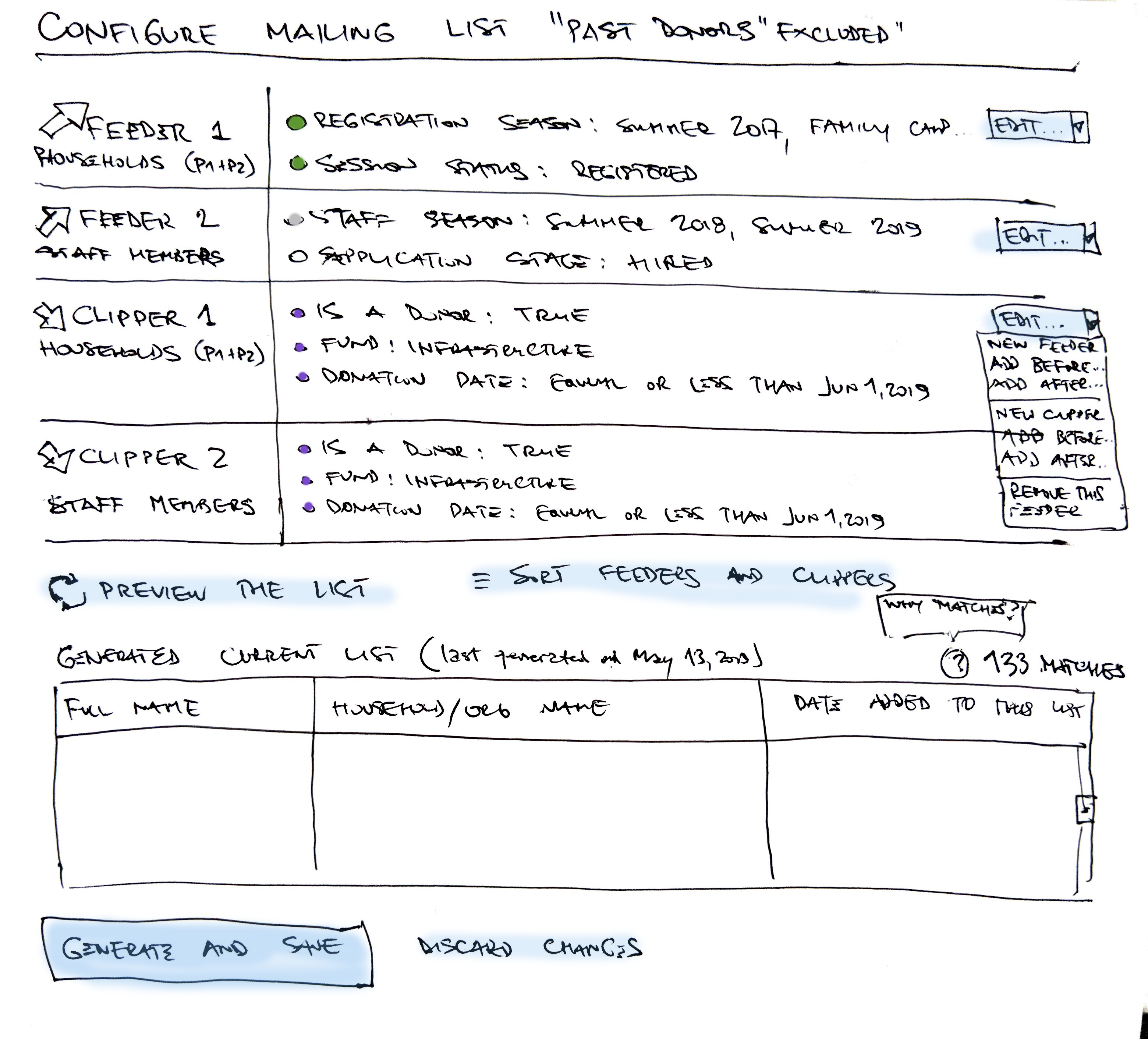 Hand drawn sketch of a UI