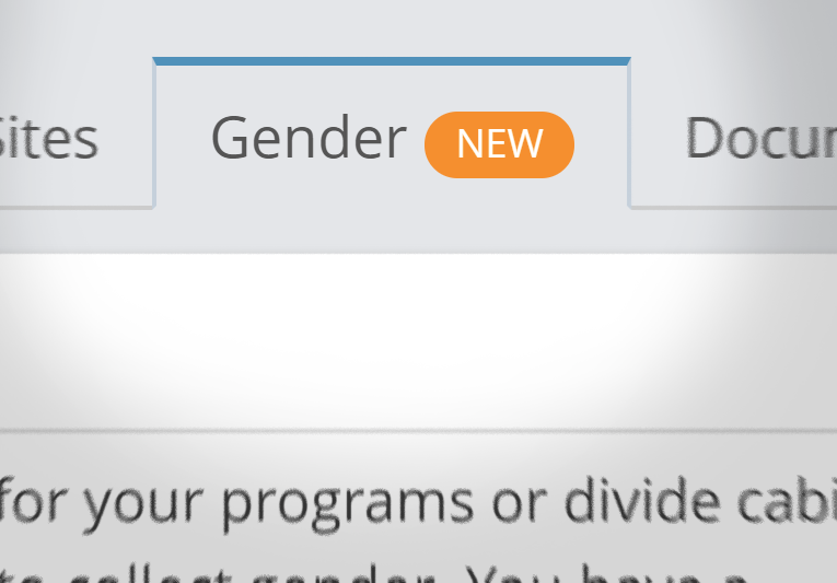 UI highlighting a navigation tab labeled "Gender" with an orange badge labeled "New"