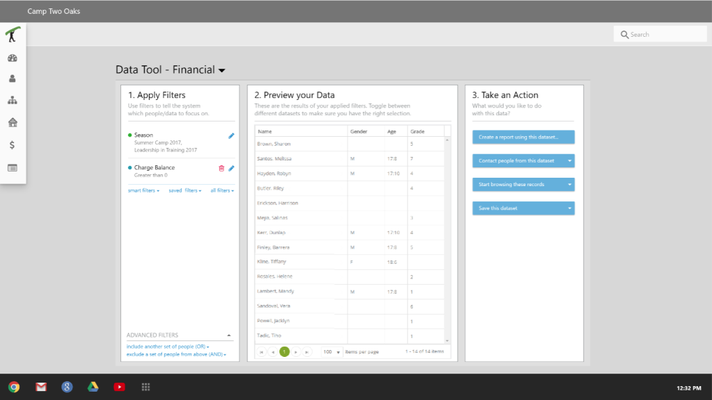 UI with three columns indicating three actions: "1. Apply filters", "2. Preview your data", and "3. Take an action". The first column is listing active filters, the second one contains a grid with sample data, and the third one has 4 blue buttons, labels illegible. 