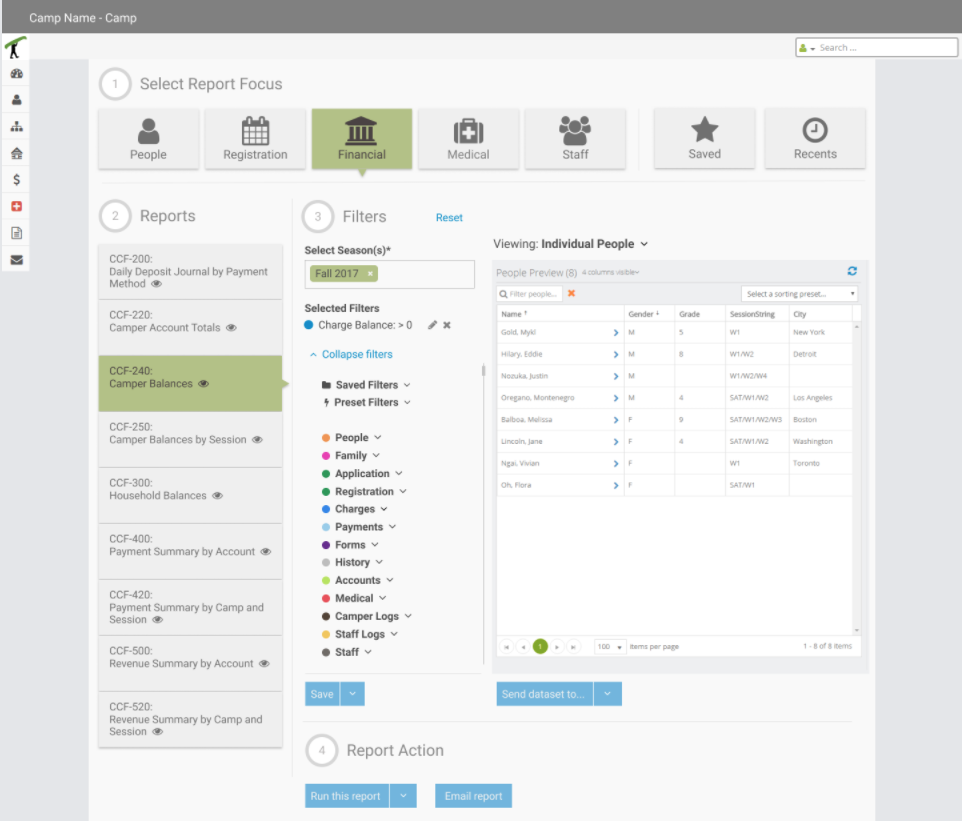UI with grey button strip in the first row labeled "1. Select Report Focus", one button is active with green highlight. Second row has there columns. First column is labeled "2. Reports" and has a list of reports, of which one is selected with green highlight. Second column is called "3. Filters", and contains a "Select seasons" input with "Fall 2017" selected, as well as a list of filters, each filter preceded with a different coloured dot. Third column is labeled "Viewing individual people", where "individual people" seem like it can be changed into something else. Below is a grid with illegible information, showing sample data.
At the very bottom there are two blue buttons. The labels are "Run this report" and "Email report".