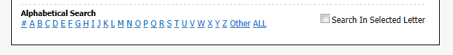 UI showing "Alphabetical Search" controls, with the entire alphabet displayed as individual hyperlinks.