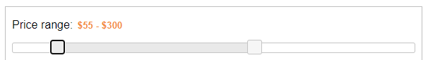 Horizontal UI slider control with two points that define a range. Label says "Price range" and it's currently set to "$55-$300"
