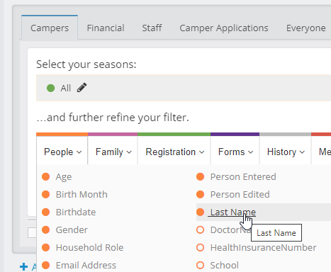 UI with reporting filter categories, where "People" is active and showing individual filters. The mouse pointer is hover over the "Last Name" one.