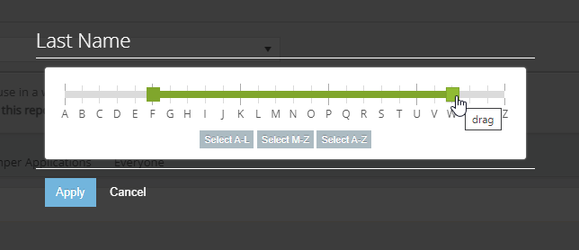 Modal screen named "Last Name" with "Apply" and "Cancel" buttons at the bottom. In the center there's a horizontal UI slider with alphabet letters as individual ticks. Two end points of the range are selecting F through W. Below the slider are three buttons labelled "Select A-L", "Select M-Z", and "Select A-Z".
