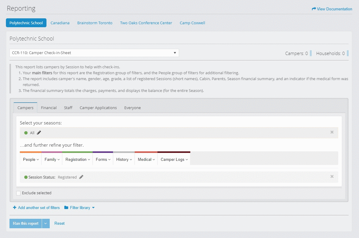 UI displaying a list of reporting categories. The animation follows a mouse pointer hovering over each category and listing containing filters.
