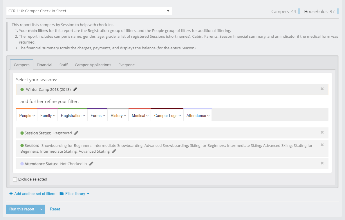 Same UI lie before displaying a list of reporting categories, but there's a section with three filters applied to indicate Session Status, Sessions, and Attendance Status.