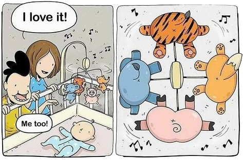 Two panel comic with parents standing next to a crib, baby lying awake on its back, looking up. In the first pane the parents are admiring the new mobile above baby with four small stuffed animals spinning while the music is playing. In the second pane the baby's perspective is shown, where the only focus are the four stuffed animal butts.